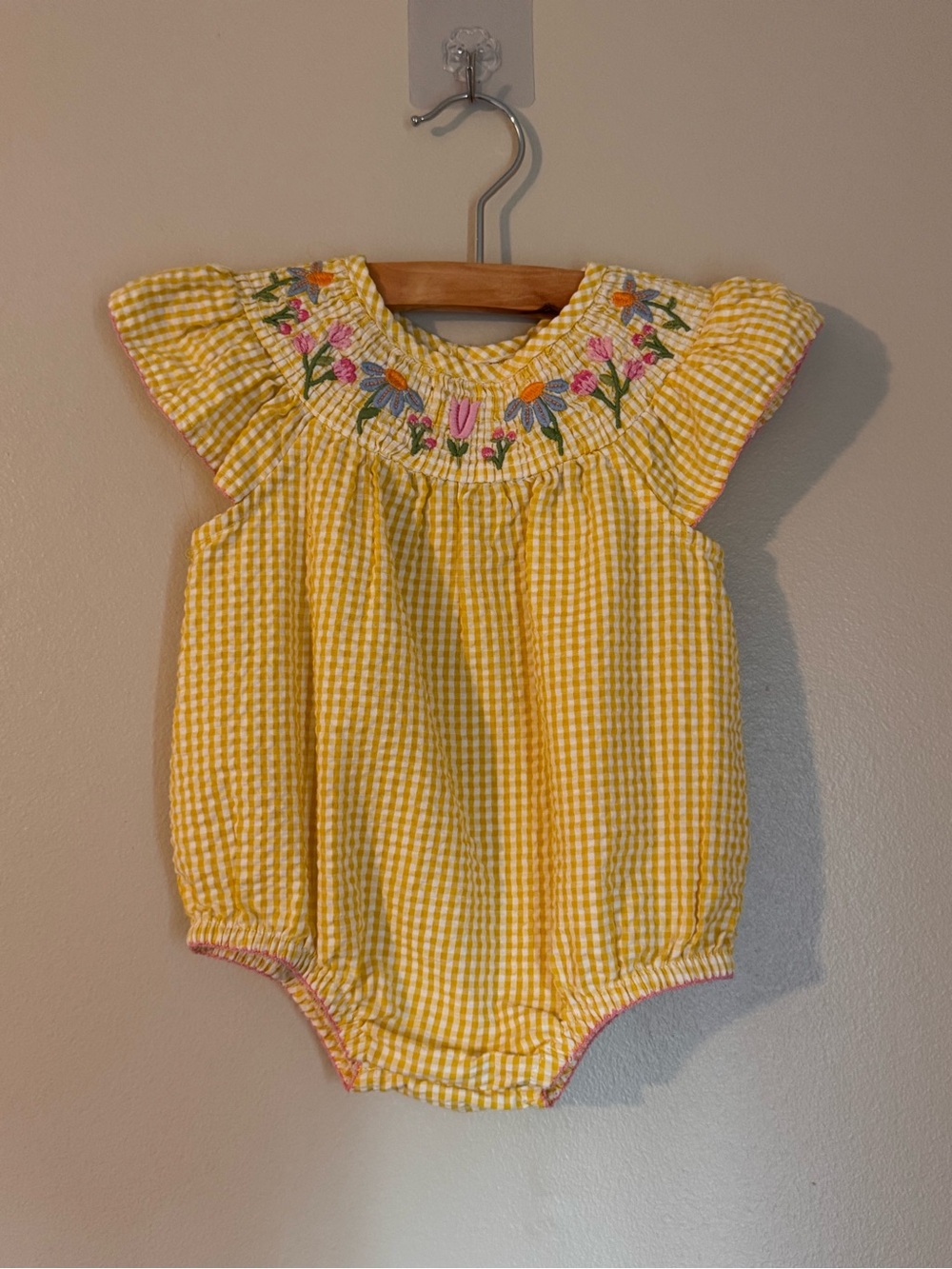 Mudpie Yellow Gingham embroidered onesie 9-12 months